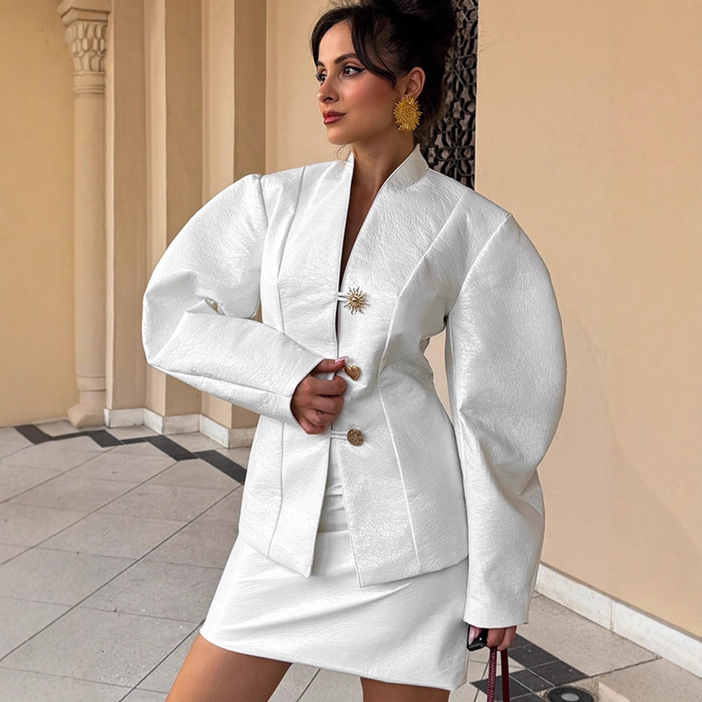 Women's Tailored Blazer Suit with Sculptural Balloon Sleeves and Mini Skirt EVA-US