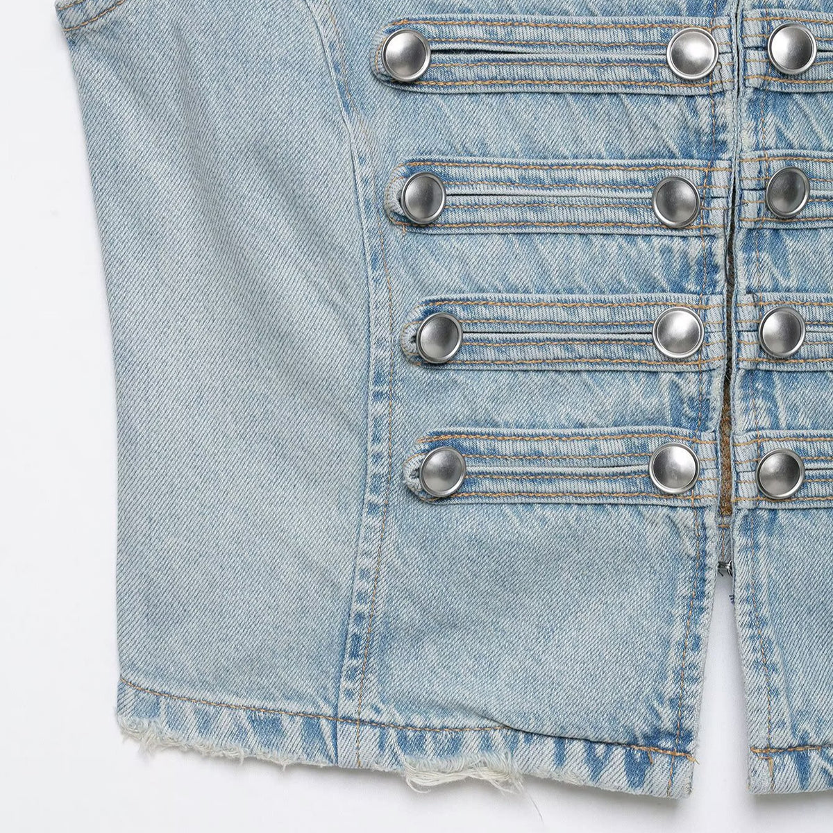 Women's jeans vest in military look with stand-up collar and decorative press stud placket EVA-US
