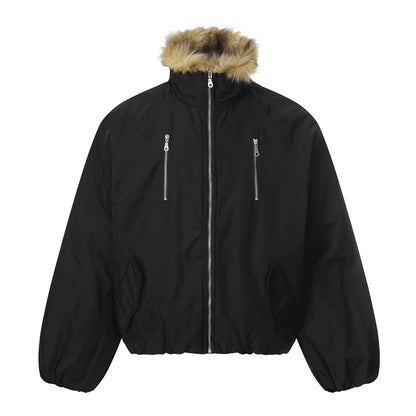 Men's short-cut boxy puffer jacket with faux fur hood and vertical zip pockets EVA-US