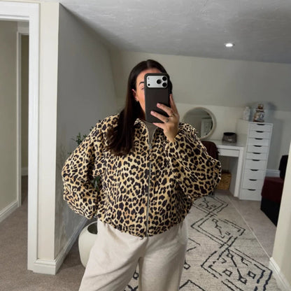 Ladies padded oversized bomber jacket with leopard print and stand-up collar EVA-US
