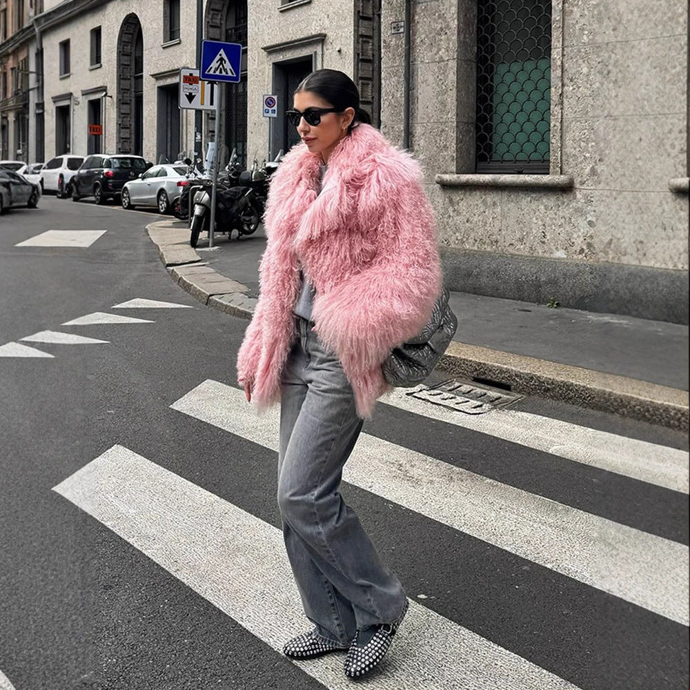 Women Short Cut Shaggy Faux Fur Coat with voluminous Shawl Collar and Oversized Silhouette EVA-US