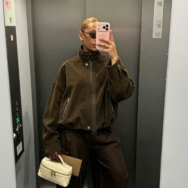 Women's Boxy Suede Bomber Jacket with High Stand Collar and Elastic Hem EVA-US