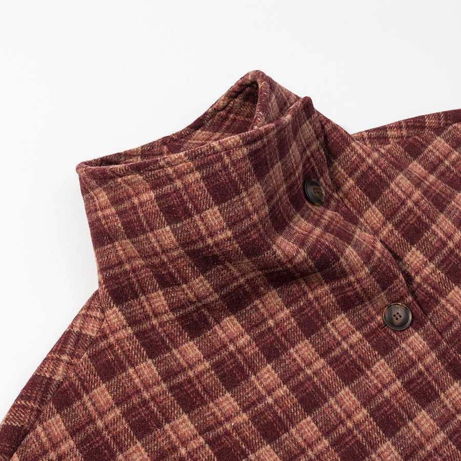Women's short jacket in checked pattern with boxy cut, stand-up collar and asymmetrical button placket EVA-US