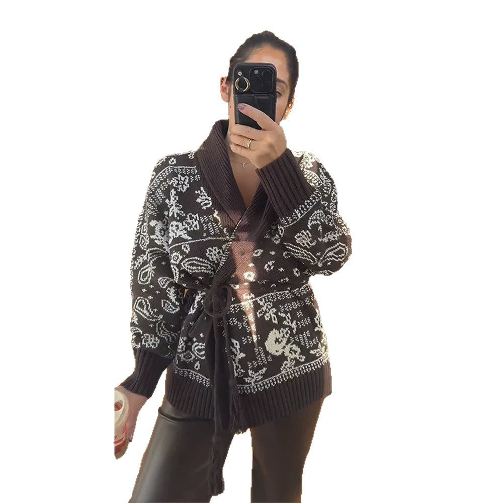 Women's knitted cardigan with shawl collar, Fair Isle pattern and tie belt EVA-US