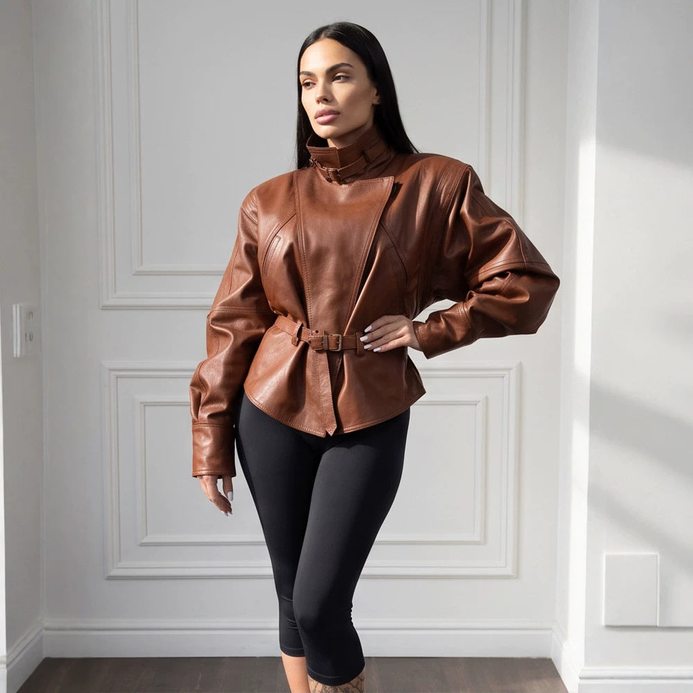 Women Tailored Faux Leather Jacket with Stand Collar, Neck Strap and Figure-Shaping Waist Belt EVA-US