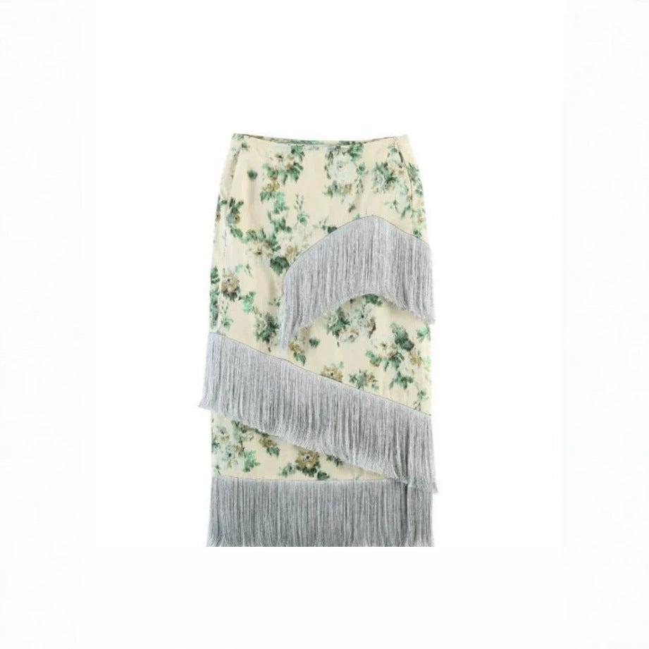 Women's floral printed midi skirt with diagonal fringed trim and slim silhouette EVA-US
