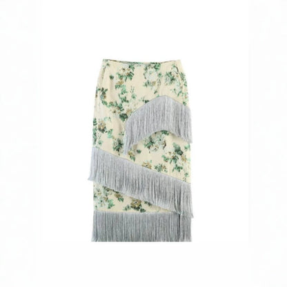 Women's floral printed midi skirt with diagonal fringed trim and slim silhouette EVA-US