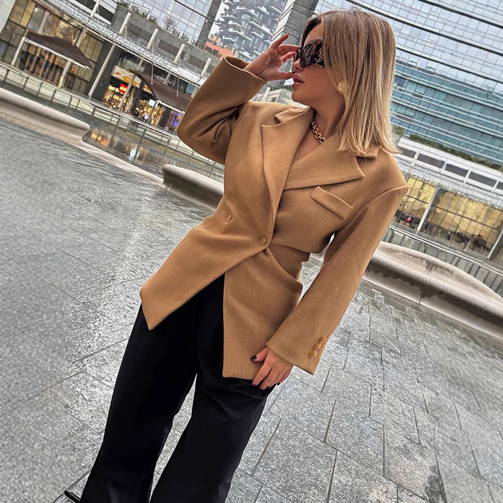 Women's Tailored Wool Blend Blazer with Emphasized Waist and Distinctive Shoulder Area EVA-US