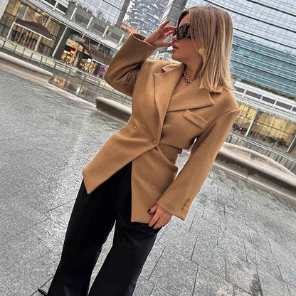 Women's Tailored Wool Blend Blazer with Emphasized Waist and Distinctive Shoulder Area EVA-US