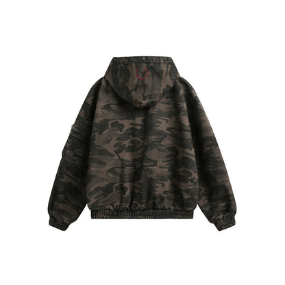 Men's Camouflage Boxy Field Jacket with Hood, Utility Pockets and Elastic Hem EVA-US