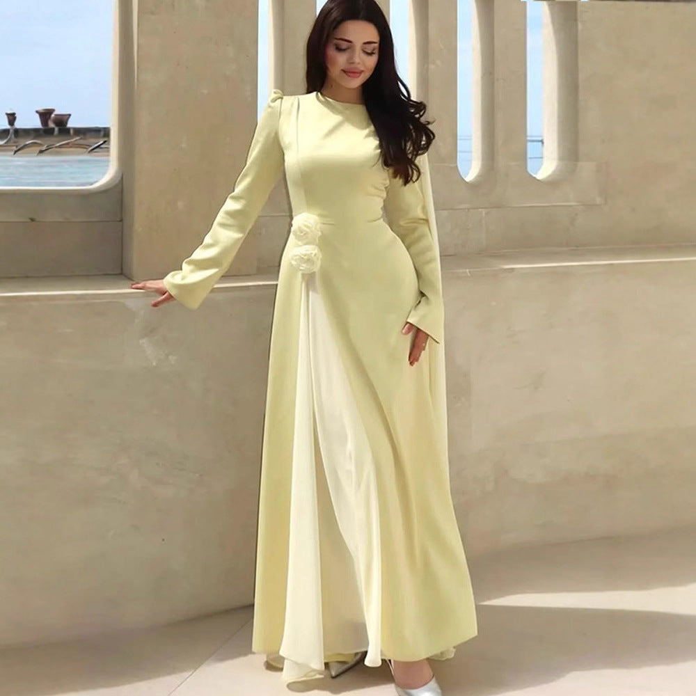 Women's evening dress with cape sleeves, tailored silhouette and decorative flower detail EVA-US