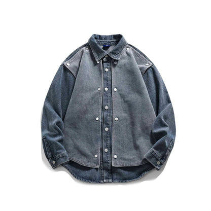 Unisex Boxy Denim Jacket in Oversized Look with Snap Button Front and Utility Shoulder Yoke EVA-US