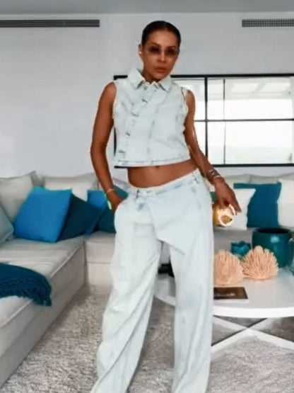Women's Cropped Sleeveless Denim Set with Tailored Vest & Wide High-Waist Pants EVA-US