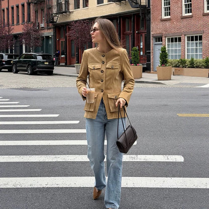 Women’s short jacket in military utility style with patched flap pockets and round neckline EVA-US