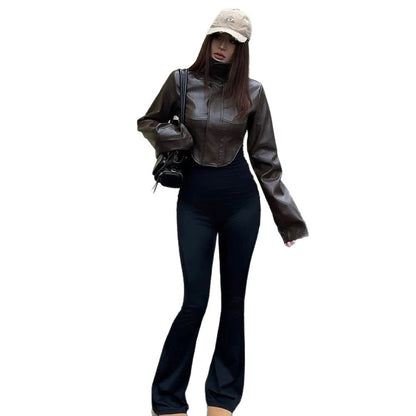 Women Cropped Faux Leather Corset Jacket with High Standing Collar and Extended Sleeves EVA-US