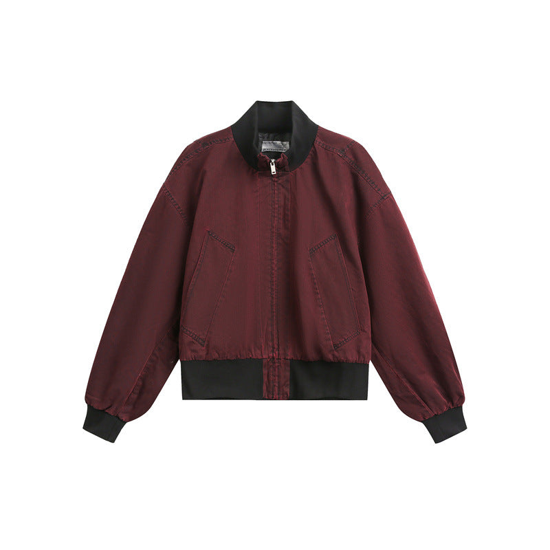 Unisex Short Cut Satin Bomber in Boxy Cut with Contrasting Ribbed Collar and Balloon Sleeves EVA-US