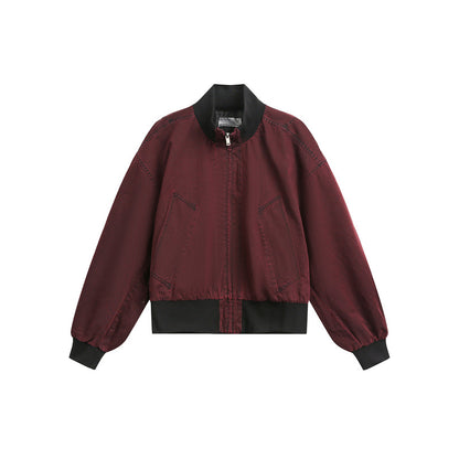 Unisex Short Cut Satin Bomber in Boxy Cut with Contrasting Ribbed Collar and Balloon Sleeves EVA-US