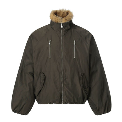 Men's short-cut boxy puffer jacket with faux fur hood and vertical zip pockets EVA-US