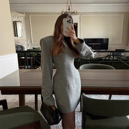 Women's Tailored Wool Blend Mini Dress with Emphasized Waist and Long Sleeves EVA-US
