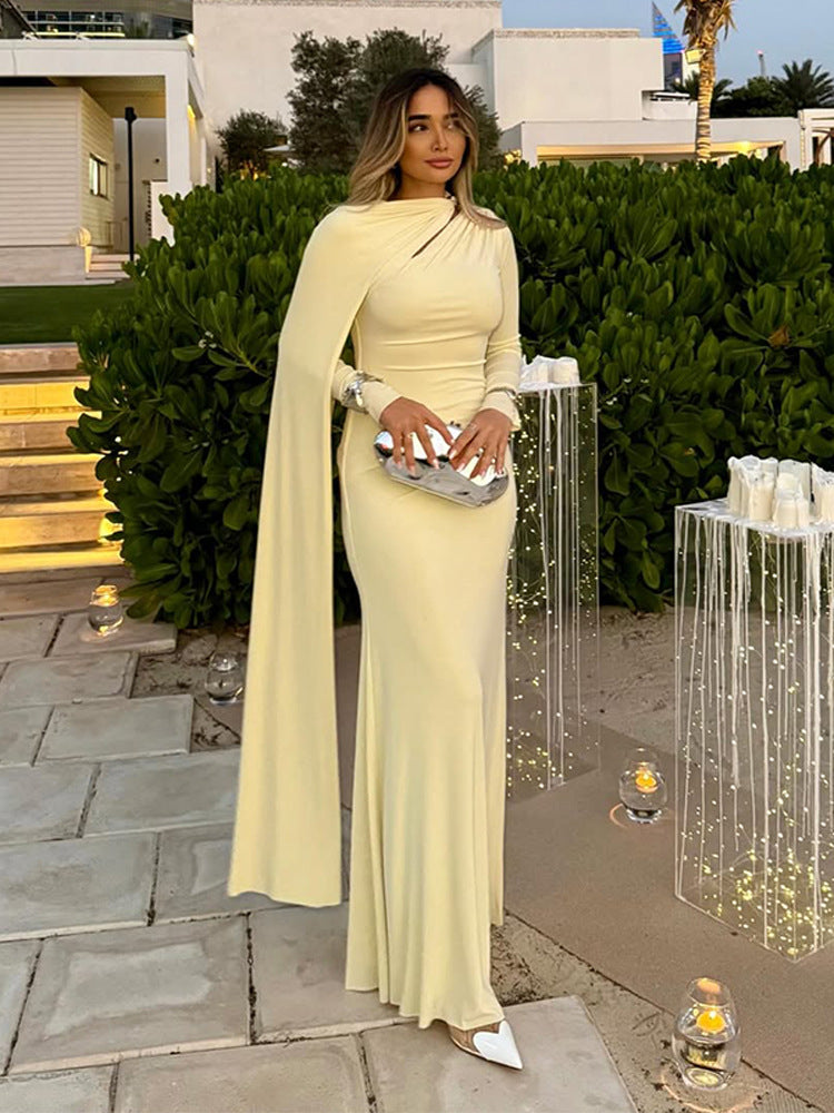 Women's Tailored Maxi Dress with Asymmetric Cape and High Collar EVA-US