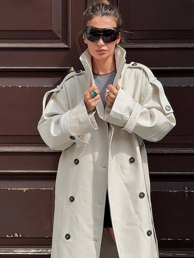 Women's waistless long trench coat in oversized cut with double button placket and shoulder flaps EVA-US
