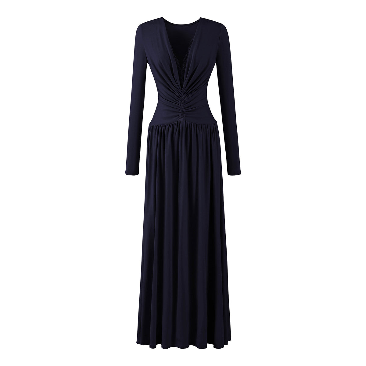 Women Maxi Dress with Ruched Wrap Top, Deep V-Neck and Lace Trim EVA-US