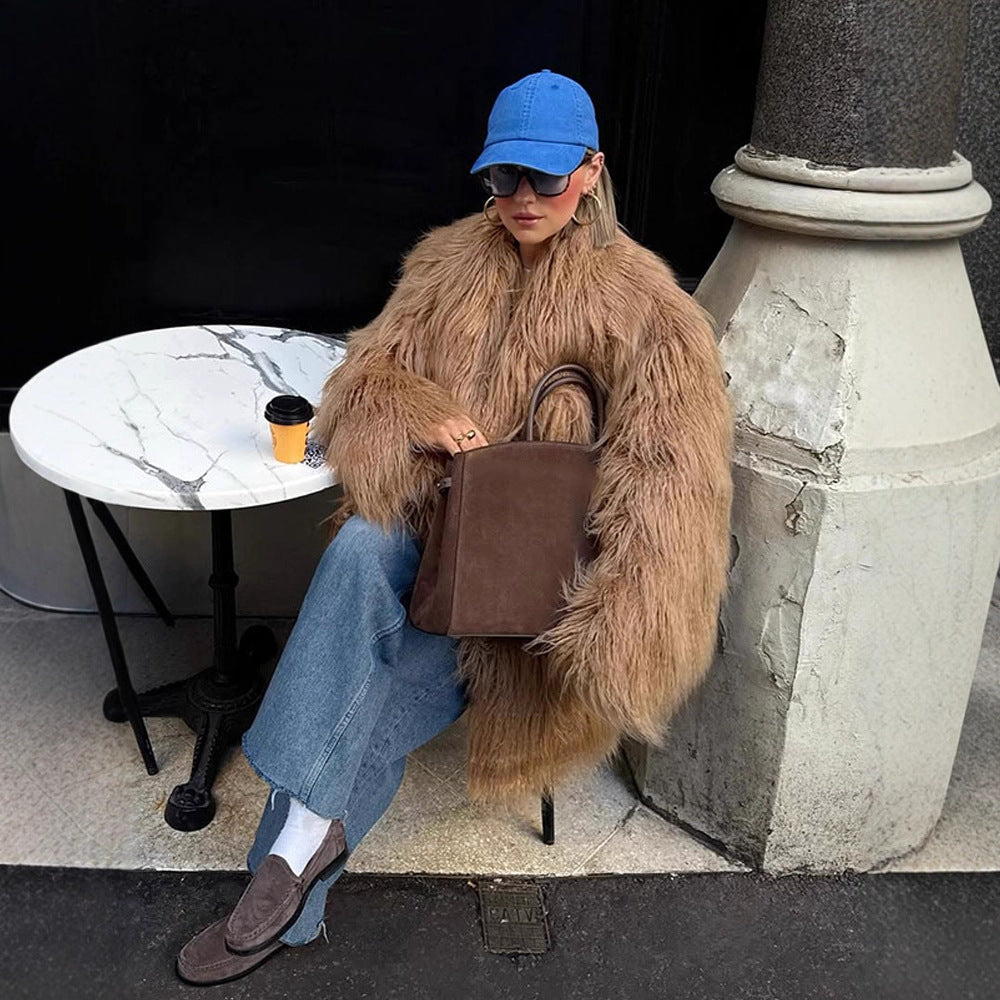 Women's Oversize Shaggy Faux Fur Coat with Long Pile Texture and Concealed Button Placket EVA-US