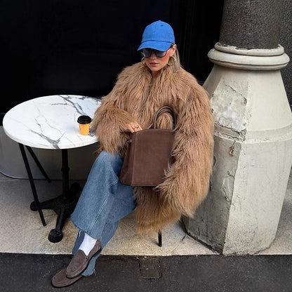 Women's Oversize Shaggy Faux Fur Coat with Long Pile Texture and Concealed Button Placket EVA-US