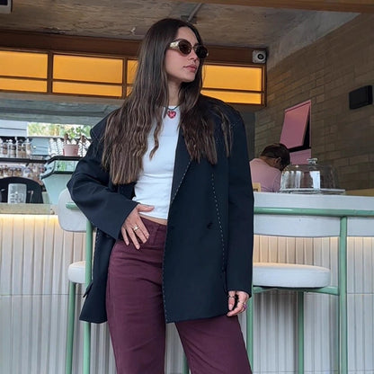 Women Oversized Two-Piece Boxy Blazer and Wide Pleated Trousers with Decorative Stitching EVA-US