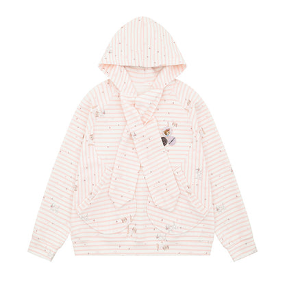 Women Cozy Hooded Oversized Sweater with Integrated Bow Scarf and Patch Pockets