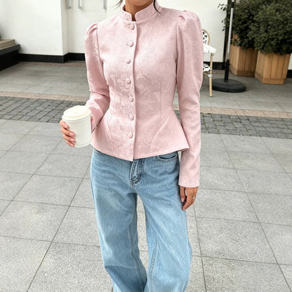 Women's tailored jacquard blouse with stand-up collar and decorative button placket EVA-US