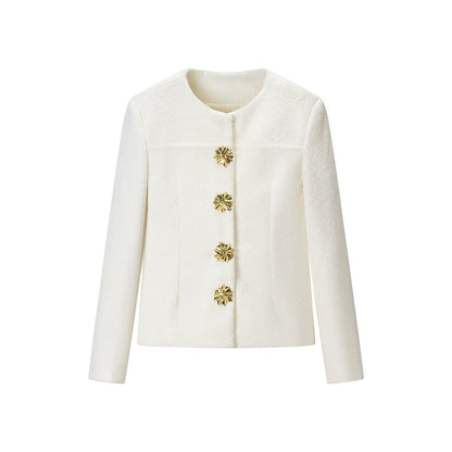 Women's Tailored Boucle Short Jacket with Round Neckline and Gold Decorative Buttons EVA-US
