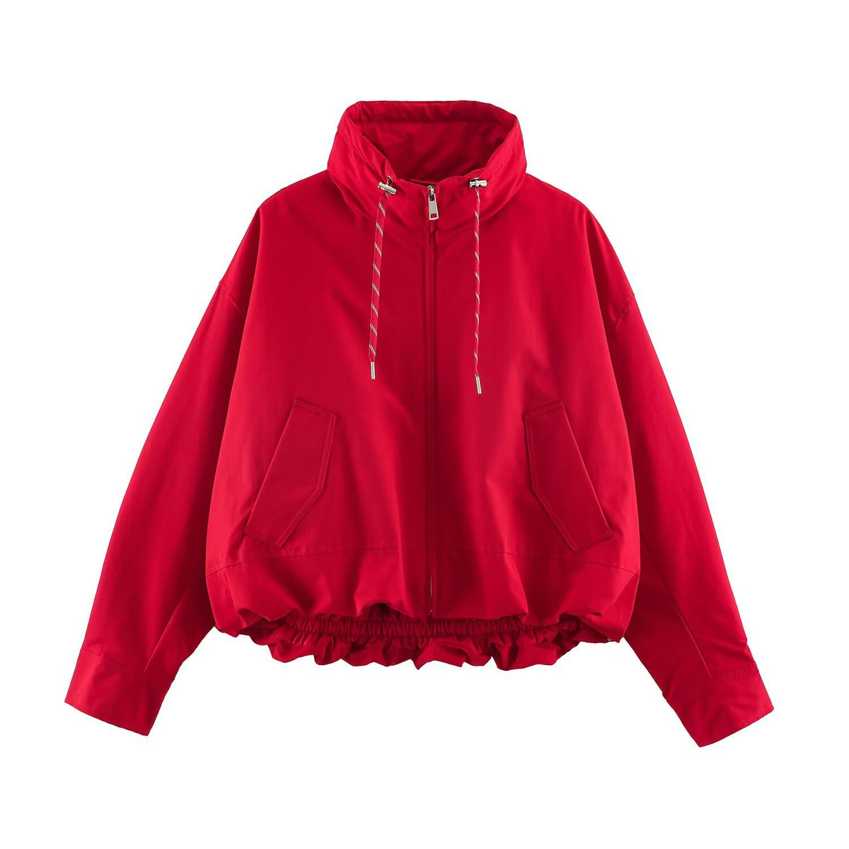 Women's Cropped Oversize Windbreaker with high funnel collar, drawstring and gathered elastic waistband EVA-US
