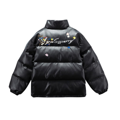 Women's Quilted Short Jacket with Floral Embroidery and High Stand-Up Collar EVA-US