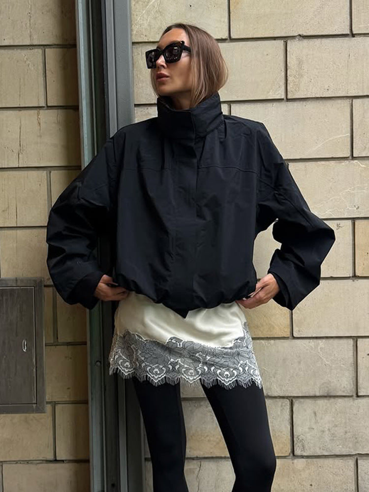 Women’s Cropped Wind Jacket with high-closing stand collar and boxy silhouette EVA-US