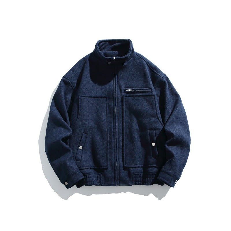 Men's short-cut boxy wool blend blouson with stand-up collar, elastic hem, and zippered chest pocket EVA-US