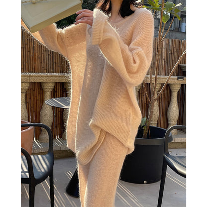 Women Mohair-Optic Lounge Set with Oversized Round Neck Sweater and Straight Knit Pants EVA-US