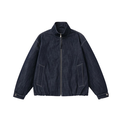 Men's Boxy Denim Blouson with high stand-up collar, visible contrast stitching and elastic hem.