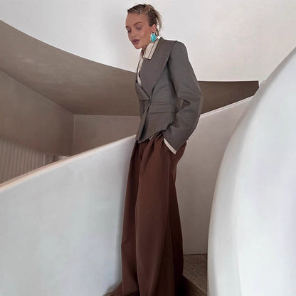 Women Tailored Blazer with Oversized Shawl Collar and Structured Peplum Waist EVA-US