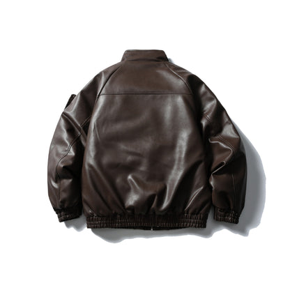 Men's Padded Faux Leather Bomber Jacket with High Stand-up Collar and Flap Pockets EVA-US