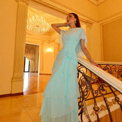 Women Flowing Tiered Ruffle Evening Dress with Tailored Draping EVA-US