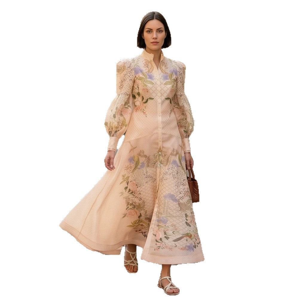 Women's maxi dress with floral print, continuous button placket and voluminous puff sleeves EVA-US
