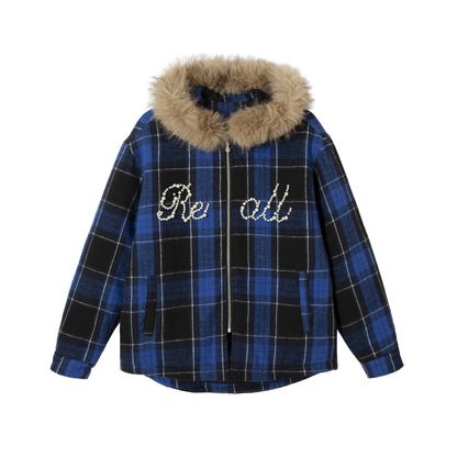 Women's checked wool blend blouson with detachable faux fur collar and pearl appliqué EVA-US