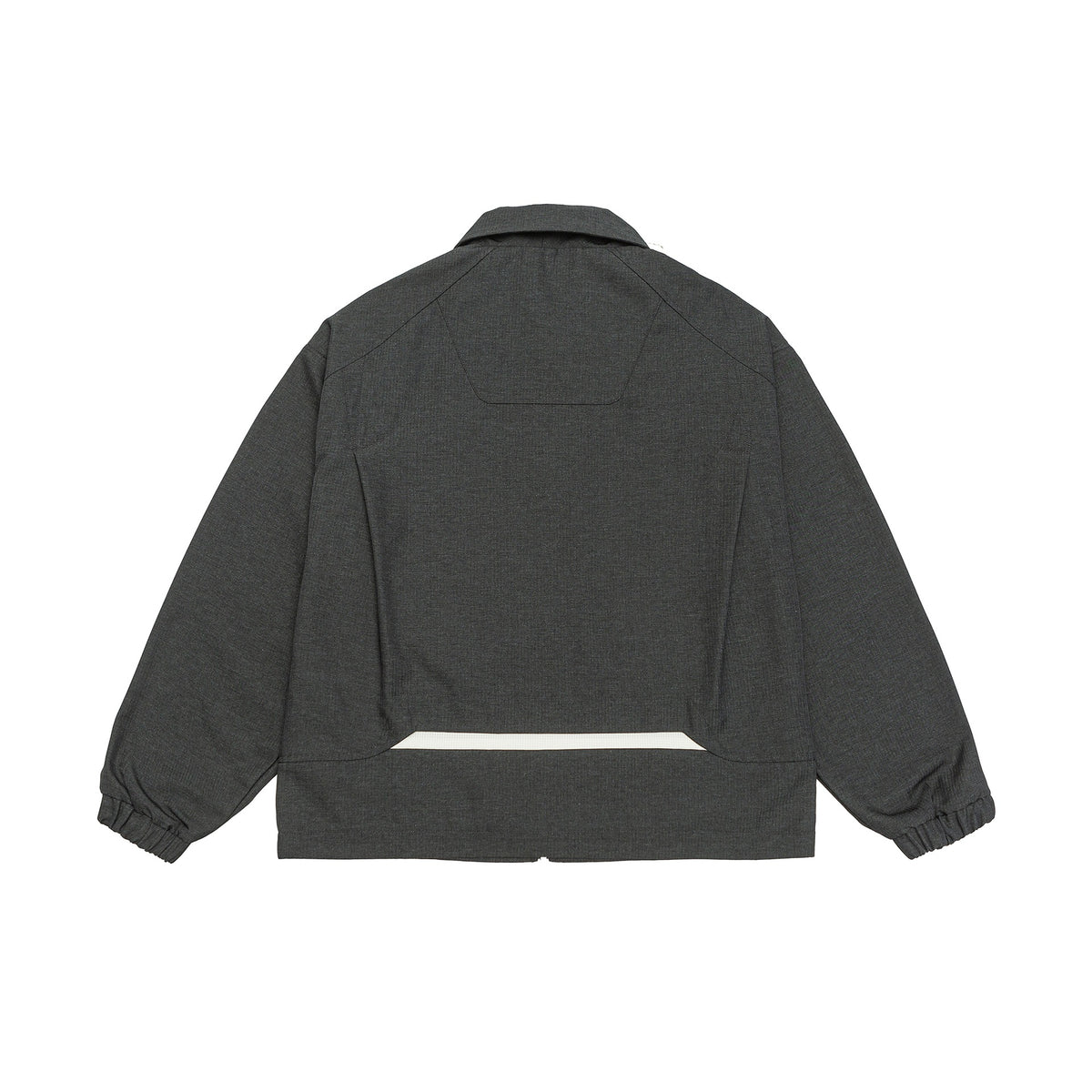 Unisex short jacket in boxy cut with shirt collar, visible metal zipper and utility patch pockets EVA-US