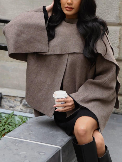 Women's Short Cape Jacket in Layered Look made of Wool Blend with Wide Batwing Sleeve EVA-US