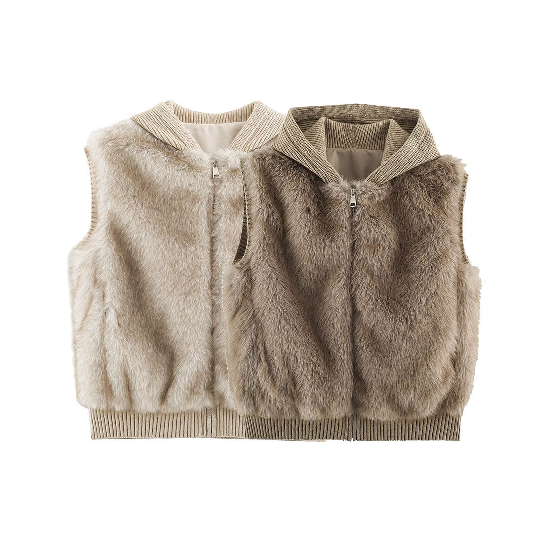 Women Faux Fur Vest with Zipper, Ribbed Collar and Elastic Cuffs EVA-US