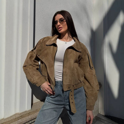 Ladies short-cut suede bomber jacket with belt & oversized sleeves EVA-US