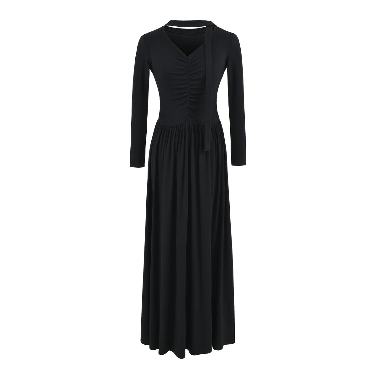 Women Long Jersey Maxi Dress with Gathering, V-Neck and Tied Scarf EVA-US