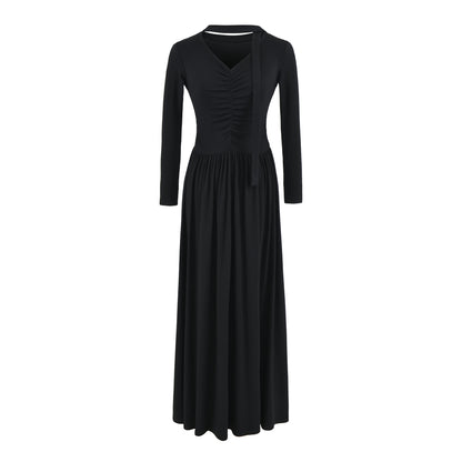 Women Long Jersey Maxi Dress with Gathering, V-Neck and Tied Scarf EVA-US