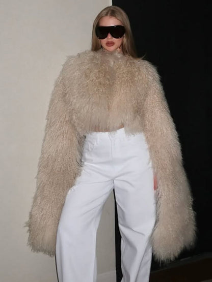 Women Extravagant Oversize Faux Fur Coat with Long Pile Curl Structure EVA-US
